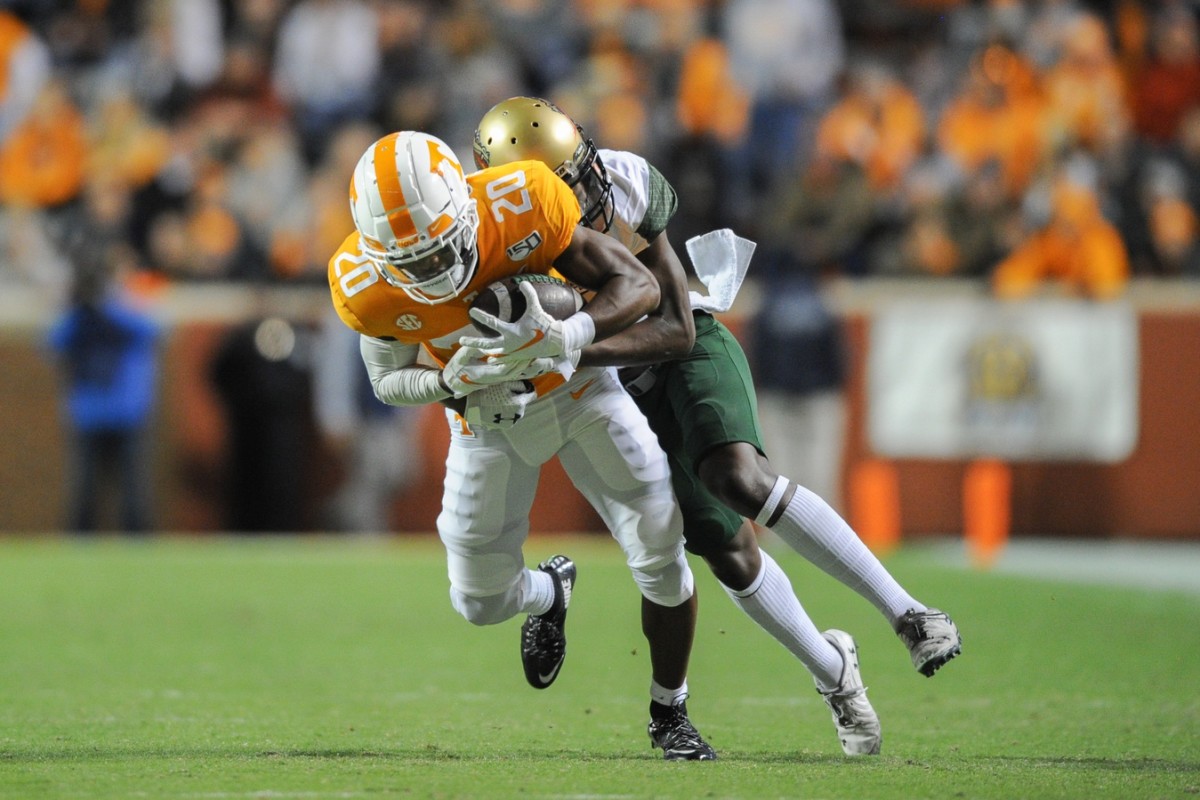 Tennessee Volunteers defensive back Bryce Thompson (20) intercepts a pass intended for UAB receiver Myron Mitchell (5). Mandatory Credit: Randy Sartin-USA TODAY 
